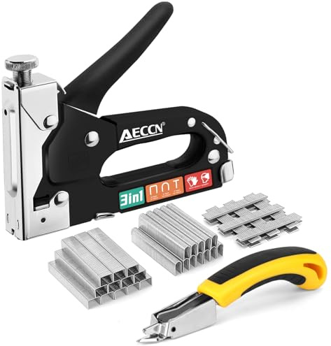 AECCN 3-in-1 Staple Gun for Wood & Furniture, and DIY Decoration, Black | 2100 Staples and 1 Staple Remover, Stainless Steel Rust-Resistant, Powerful and Durable, Ergonomically Design