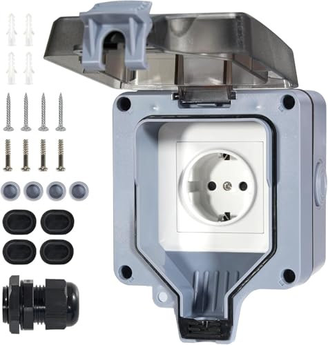 Prise extérieure IP66 Prise étanche avec témoin lumineux d'interrupteur, prise murale, prise en saillie, prise extérieure avec couvercle rabattable pour jardin cuisine garage buanderie extérieur