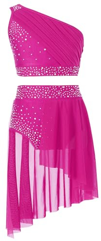 TTAO Barn flickor jazz lyrical balett dans-set glänsande enaxlad crop toppar med tutu kjol konkurrens danskostym modern danskläder, Het rosa, 110-116