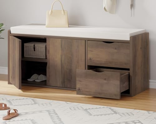 LVB Schuhbank mit 2 Schubladen Schrank Regal, Industrieholz Schuhablage Bank für Wohn-Schlafzimmer, rustikale Eiche