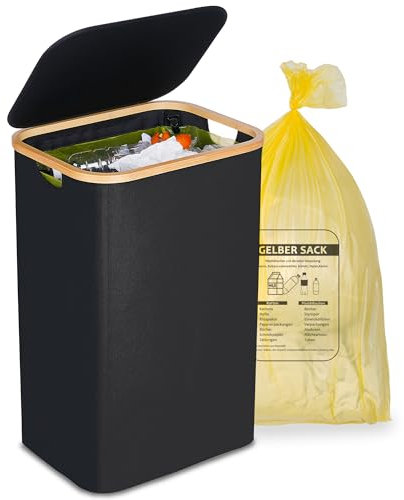 efluky Support pour sac poubelle jaune 100 l, avec couvercle, support pour sacs jaunes, retrait facile grâce à la porte à l'arrière, récipient pour cuisine et maison [sans poche intérieure] - Noir
