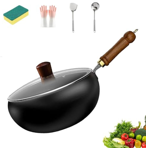 Japanische Eisenpfanne, Handgefertigte Unbeschichtete Antihaftpfanne Aus Reinem Eisen, Eisenpfanne Geschmiedet Mit Deckel Kochen, Gasherd Und Induktionsherd zum Kochen, Braten (Glasdeckel,28CM)