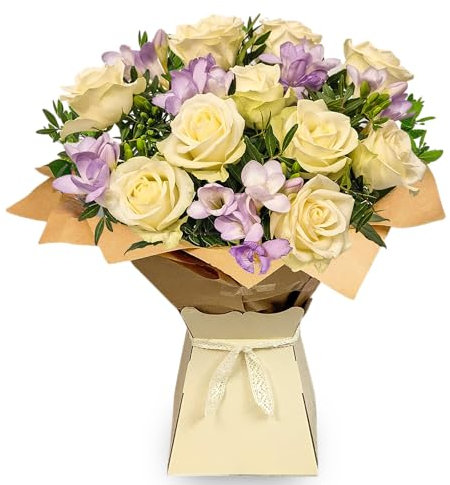 Fresh Flowers Bouquet - Hand-Tied White & Lilac Roses, Freesia & Foliage | Birthday, Mother's Day, Get Well, Thank You | UK Delivery