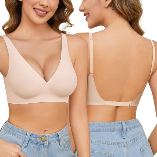 Yusongirl Seamless Low Back Bra Wireless Padded Bralette Thin Straps Comfort V Neck Halter Backless Cross Multiway Convertible Bras(Beige,L)