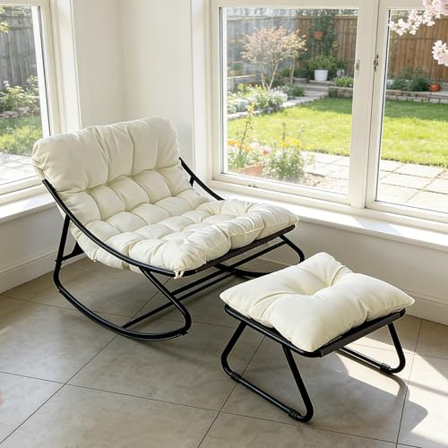 Fauteuil à Bascule avec Coussin, Chaise a Bascule d'Intérieur et d'Extérieur, Rocking Chair avec Repose-Pieds, Chaise Papasan, Cadre en Métal, Capacité 150 kg, pour Jardin Patio Salon Balcon (Blanc)