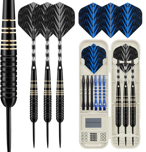 HUANQU Steel Tip Darts - 22g Brass Barrel, Metal Tip for Bristle Board with Non-Slip Grip, Case & Sharpener