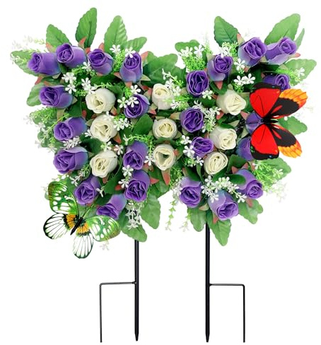 Lodou Butterfly-Shaped Cemetery Flowers for Grave – Realistic Memorial Floral Arrangement with Ground Spikes, Artificial Cemetery Flowers for Cemetery Decorations (Purple)