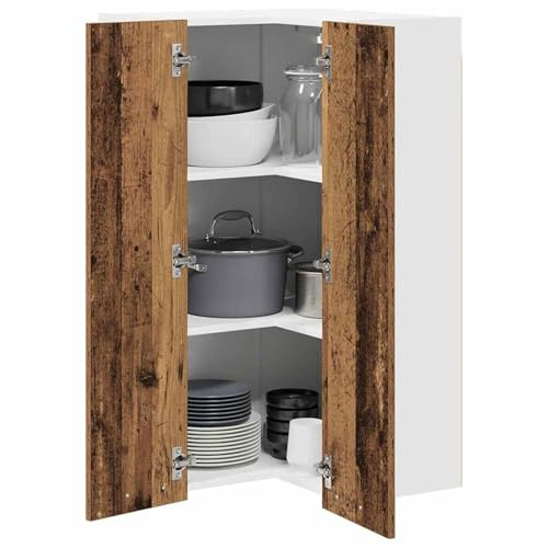 ATOMSTACK MAKER Armario colgante de esquina de cocina de madera (57 x 57 x 100 cm), diseño de 2 puertas en madera vieja/blanco, moderno armario de almacenamiento duradero para cocina, requiere montaje