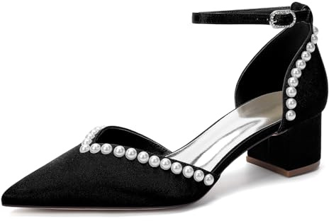 Generico Scarpe Sposa Donna in Raso con Perle Cinturino alla Caviglia Tacco Largo Punta Affusolata Eleganti,Nero,43 EU