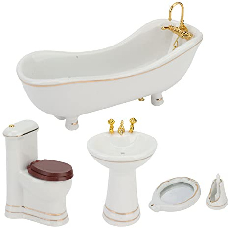 HUIOP 1:12 Dollhouse Badrumsset Porslin Miniatyr Badrumsmöbler 5 Delar Toalett Handfat Badkar Spegel Borste för Dockhus Inredning Samlare Lekrum Display