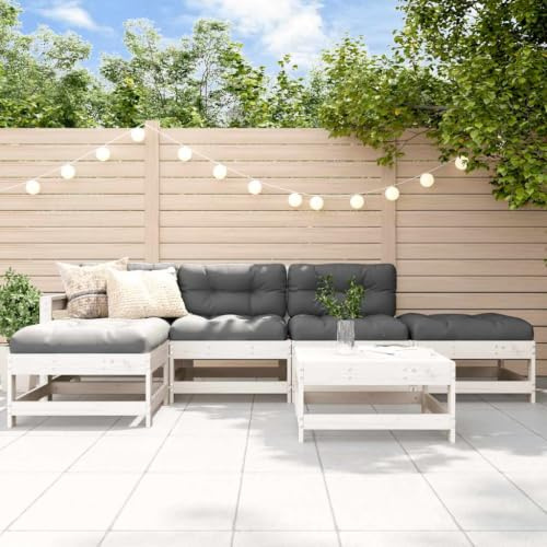 Ordellia Salon de Jardin 6 pièces Blanc en Bois de pin Massif, Banquette d Angle et Repose Pieds, Ensemble mobilier modulable pour terrasse Patio Jardin détente