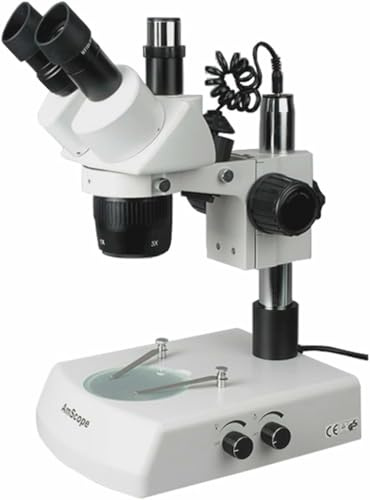 AmScope SW-2T24X Trinocular Stereo Microscope, WH10x Eyepieces, 10X/20X/40X Magnification, 2X/4X Objective, Upper and Lower Halogen Lighting, Pillar Stand, 110V-120V, Includes 0.5x Barlow Lens
