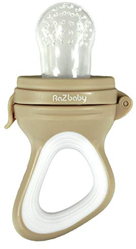 RaZbaby Baby Solids/Frozen Fruit Feeder Pacifier, Infant Teether Toy 6M+, BPA-Free Silicone Pouch & Nipple, Safely Introduce Solids, Natural Teething Relief, Dishwasher Safe, Freezable – Tan/White