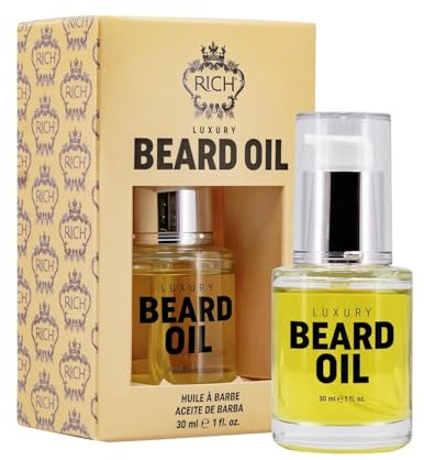 RICH Luxury Beard Oil for Men, Deep Conditioning and Softening, Soothes Beard Itch and Flakes, Lightweight and Fast Absorbing, Paraben-Free, Clean and Vegan, Argan, Jojoba and Macadamia Oil, 1 fl oz
