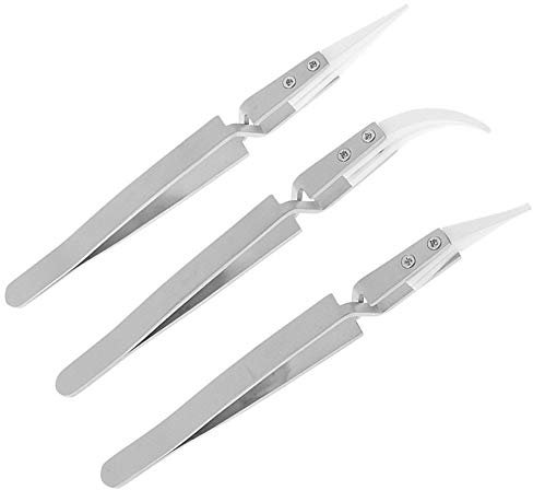 Gasea 3 Pack Brucelles Antistatique en Céramique Pince à Épiler Pincettes Inversée de Précision Chaleur Resistante Brucelle Pince (Poignée Acier, Pointu Céramique)