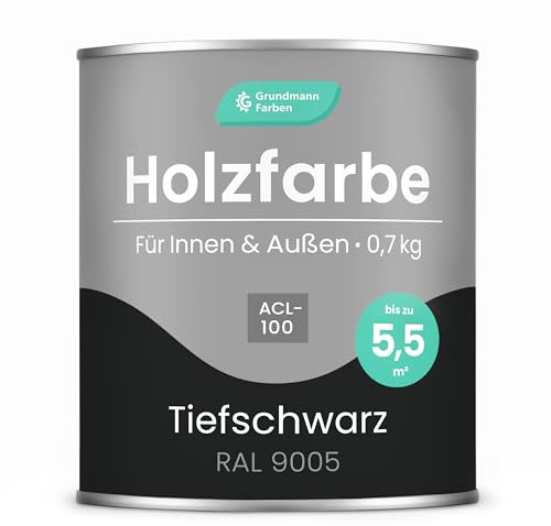 Grundmann Holzfarbe ACL 100 - Holzlack 0,7 Kg Schwarz - 4in1 inkl. Grundierung - Seidenmatt - Wetterfest für Innen & Außen - RAL 9005 Tiefschwarz