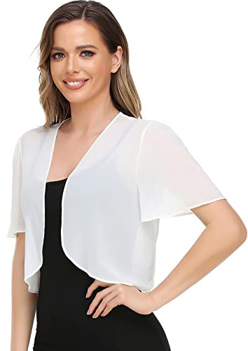 Women Bolero Shrug Soft Chiffon Open Front Sheer Short Sleeve Cropped Cardigans for Evening Dress(Ivory,M)