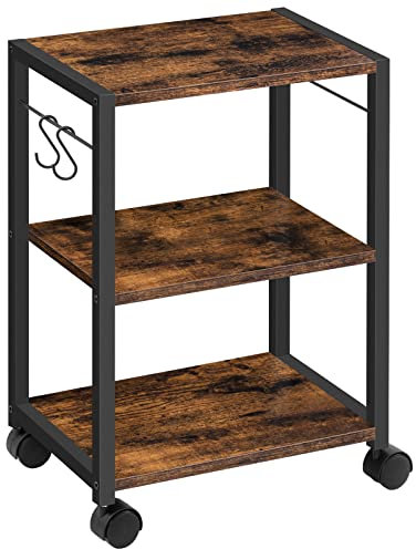 MAHANCRIS Printer Stand, 3-Tier Under Desk Printer Cart with Storage Shelf, Heavy Duty Printer Table with Wheels for Home and Office, Printer Shelf with 2 Hooks, Small Spaces, Rustic Brown APTHR4001Z