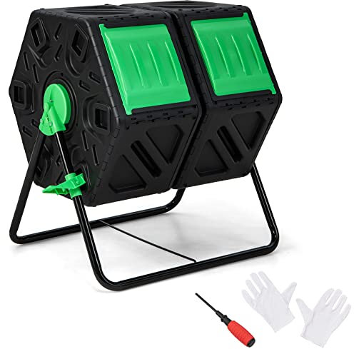COSTWAY 65L/130L Tumbling Composter, Single/Dual Chamber 360° Rotating Garden Compost Bin with Sliding Doors, Aeration System, Lockable Stopper & Gloves, BPA Free Composting Waste Bin (Dual, 130L)