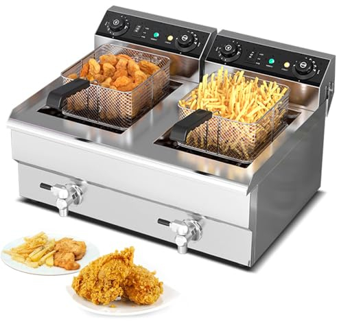 RUYICZB Friteuse Électrique Commerciale en Acier Inoxydable 3000W+3000W, Principe De La Zone Froide, Température 50-190°C, Robinet De Vidange, 2 Panier À Friture Entièrement Démontable