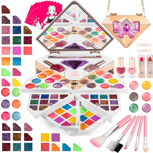 AQXONG Kinderschminke Mädchen, 75 Pcs Waschbare Spielzeug Schminkkoffer, Kinder Make up Set mit Lichtern und Musik, Diamant Kinderschminkkoffer für Mädchen Mädchen ab 3 Jahren
