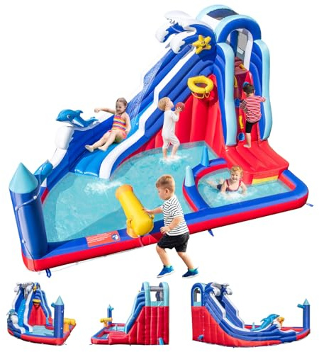 GOPLUS Castillo Hinchable Infantil con Tema de Delfines, Parque Acuático con Toboganes, Muro de Escalada, Piscina de Chorros, Cañón, Canasta de Baloncesto, Área de Juegos 3-10 Años (sin Soplador)