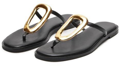 Wnshonzy Flip-Flops for Women Thong Sandals Flat Black Slip on Slides Leather Beach Comfort Open Square Toe Ladies Slipper Dressy Metal Hardware Decoration Summer Shoes Casual Fashion