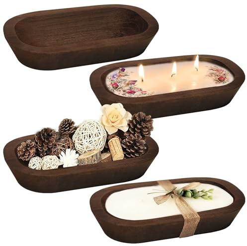 Royxen 4 Pack Dough Bowl for Candle 9.5 x 5.5 Inch, Wooden Dough Bowls Paulownia, Rustic Bowl Vintage, Dough Bowl Decor for Candle, Brown