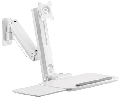 PureMounts Supporto per monitor con vassoio per tastiera, supporto per schermo a parete con vassoio per tastiera, regolabile in altezza, orientabile, inclinabile, postazione di lavoro in piedi, bianco