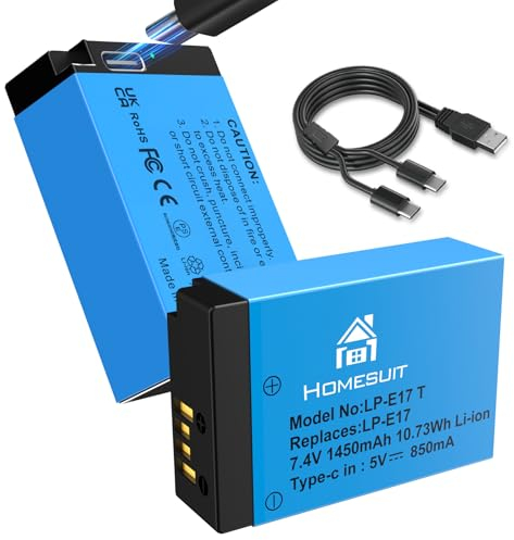Homesuit LP-E17 Akku 1500mAh & 2-in-1 Ladekabel für Canon EOS R8, R10, R50, RP, R100, M3, M5, M6, M6 Mark II, 200D, 250D, 77D, 750D, 760D, 800D, 8000D Rebel SL3, SL2, T8i, T7i, T6i, T6s (2er-Pack)