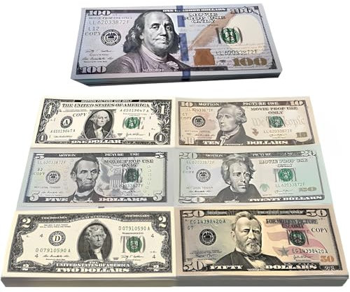 280pcs Prop Money,Faux Billets Dollar,Billets de Cinema,Dollar Copier de L’argent,Pièces Virtuelles de Magasin pour Enfants,Pour les Farces/Films/Jeux/Photographie (40 x 1$,2$,5$,10$,20$,50$,100$)