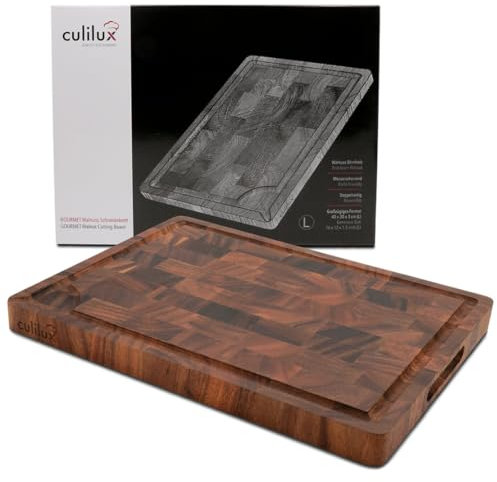 CULILUX® Gourmet Schneidebrett L Stirnholz Walnuss 2-seitig 40 x 30 x 3 cm mit Saftrille antiseptisches Hirnholz Nussbaum Holzbrett als Schneidbrett und zum Servieren