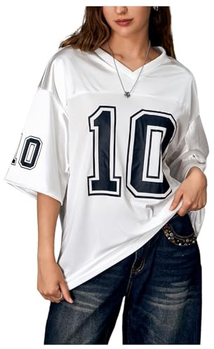Verdusa Women's Oversized Jersey Shirt Graphic Tees V Neck Short Sleeve Vintage T Shirts White Medium