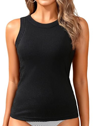 Tankini Tops for Women - High Neck Swimsuit Top Only Modest Bathing Suit Top Ribbed Swim Tank Top No Bottom 2025 Black XL