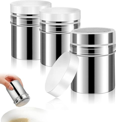 Flour Shaker, 3 PCS Flour Sugar Salt Shaker, Icing Sugar Shaker Stainless Steel Chocolate Powder Shaker Icing Sugar Shaker Duster for Kitchen Craft(Silver)