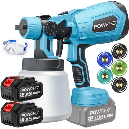 POWRIFIC Cordless Paint Sprayer, 20V Electric Spray Gun Kit with 2 Batteries & 1000ml Container, 5 Copper Nozzles, High Power HVLP Spray Gun for Fences, Walls, Ceilings, Wood, Garden & Furniture