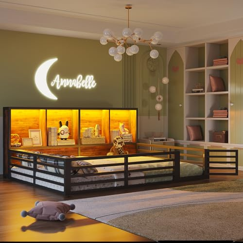 Kinderbett Bodenbett 140x200 mit Rausfallschutz&Lattenrost, Montessori Bett Hausbett mit 4 Staufächer&LED-Beleuchtung&Tür, Doppelbett Gitterbett Metallbett Bettgestell Spielbett, Ohne Matratze,Schwarz