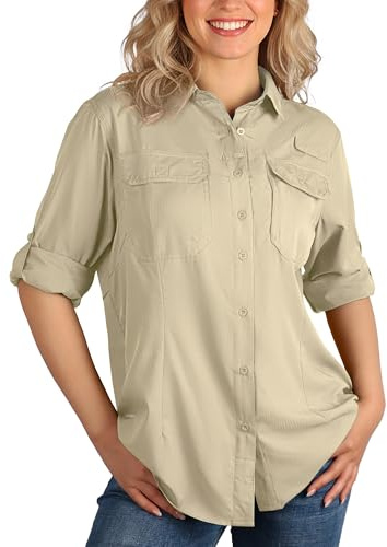 33,000ft Women's Safari Shirts Quick Dry Sun Protection Fishing Shirts Breathable Long Sleeve Hiking Shirt Blouses for Walking Camping Travel