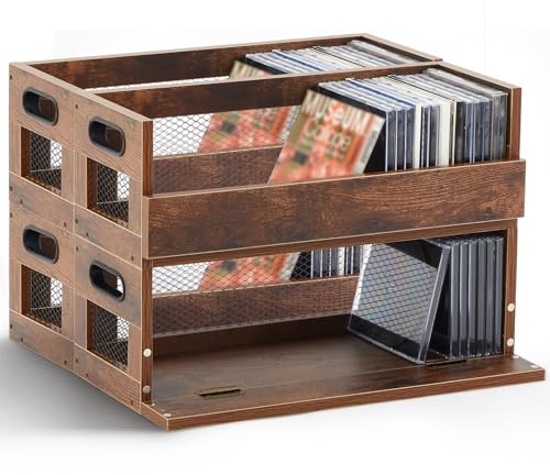 Jetec 4 Set Retro Cd Storage Box Holder Shelf Metal & Wooden Display Racks with Carrying Handles, Cassette Tape Organizer Shelf for Movie Cases, Dvds, Each Set Can Store up to 36 Pcs Cds