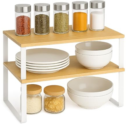 Generico Scaffale Portaspezie Impilabile Metallo e Legno Ingegnerizzato Bagno Salvaspazio Organizzatore da Cucina Spazi Ridotti Porta Spezie Espandibili Impilabile 30x14,5x26 cm