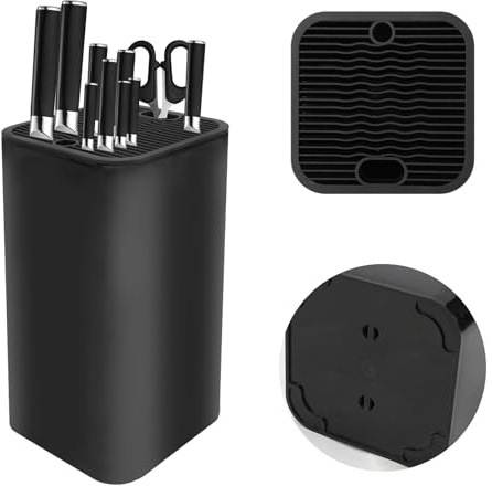 JINGIHE Knivblock utan kniv, knivblock svart, universell knivhållare, knivhandtag med saxhållare och slipstålhållare lämplig för alla köksknivar, 12 x 12 x 22 cm