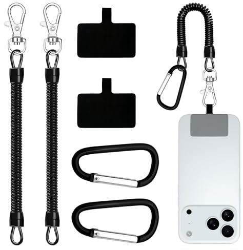 Sariputa Paquete de 2 correas para teléfono móvil con cable flexible en espiral, correas de resorte negro para teléfonos móviles, correa antirrobo con mosquetón, se adapta a la mayoría de teléfonos