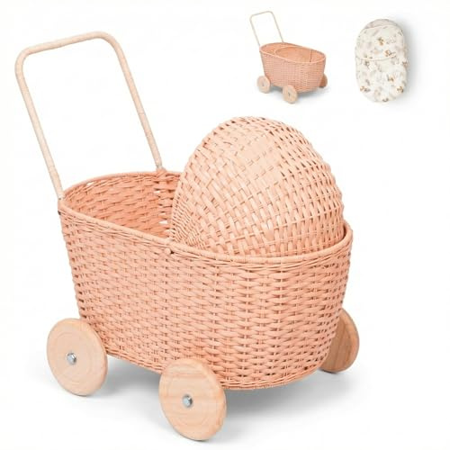 GON Stroller – Poussette 3 en 1 en rotin pour poupées, chariot de courses & trotteur pour enfants | Poussette en rotin pour poupée tressée à la main en matériaux naturels avec coussin & matelas |
