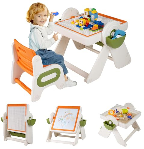 COSTWAY 6-i-1 Barnbord med Stol, Vikbart och Höjdjusterbart Staffli, Målbord med Vändbar Bordsskiva, Bokhylla och Korgar, Lekbord för Barn Från 18 Månader, Orange