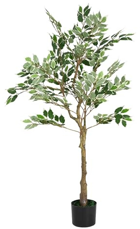 51 Inch Artificial Ficus Tree with Twisted Trunk, Faux Weeping Fig Floor Plant Pre-Potted in Nursery Pot, Realistic Greenery for Living Room Office Decor, Indoor Home, Green