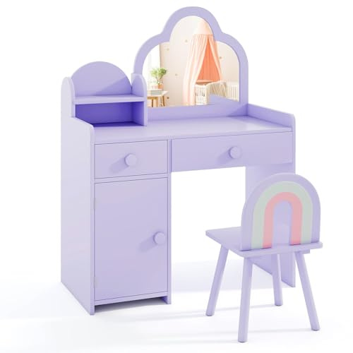 GYMAX Kids Vanity Table and Chair Set, Wooden Children Dressing Table with Mirror, Drawers, Storage Shelf and Cabinet, Girls Makeup Dresser for Bedroom (Purple)