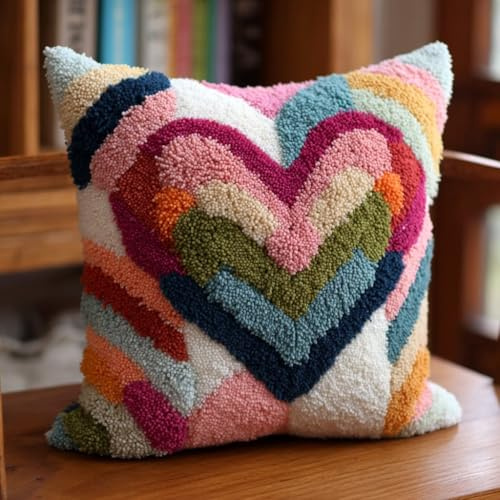 Knüpfkissen Set Zum Selber Herz Knüpfen Für Erwachsene Und Anfänger,Diy Kissenbezug Mit Knüpfhaken-Set Latch Hook Cushion Kit,Kreatives Basteln Ideal Für Home Decor 43X43Cm
