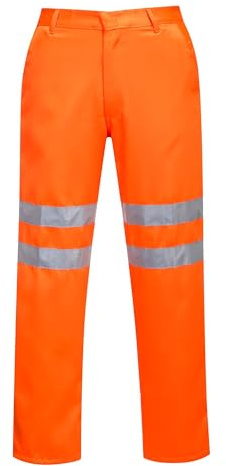 Portwest RT45 Hi Vis Polycotton Work Trousers with Reflective Tape Water Resistant EN ISO 20471 Certified Rail Safety Pants with Pockets UPF Protection Workwear, Orange, L