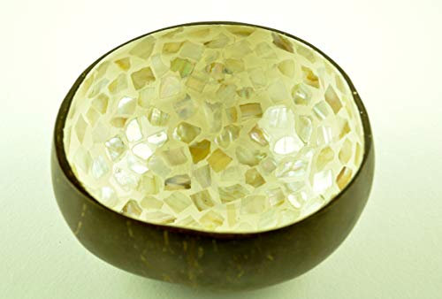 tazón de coco hecho a mano decorativo tazón de fuente de madera natural redondo frutas dulces cuencos laca brillante con incrustaciones de concha de mar crema marrón H024