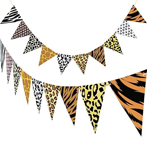 Happium Jungle Safari Banner Djurtema Bunting Banner Leopardtryck Bunting Banner Dragsko för Baby Shower Födelsedag Jubileum Djur Fest Dekoration Tillbehör